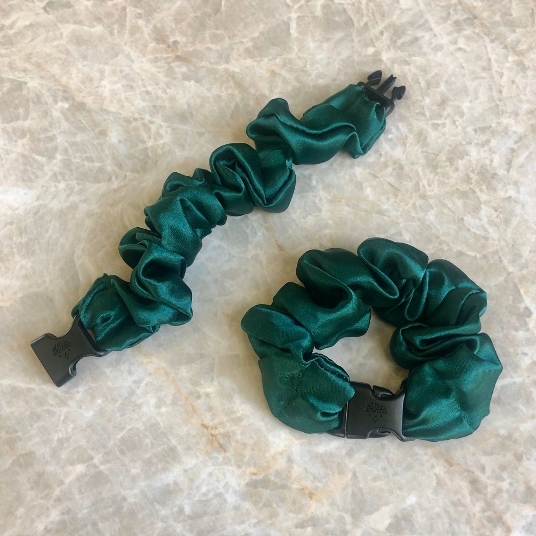 Buckle Scrunchie in Emerald Green satin, standard size vibrant colorway