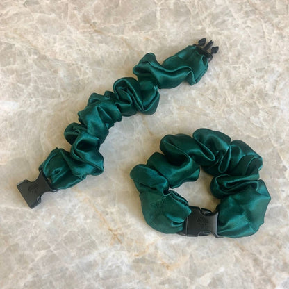 Buckle Scrunchie in Emerald Green satin, standard size vibrant colorway