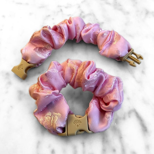 Empress Pink Buckle Scrunchie in floral jacquard satin, standard size