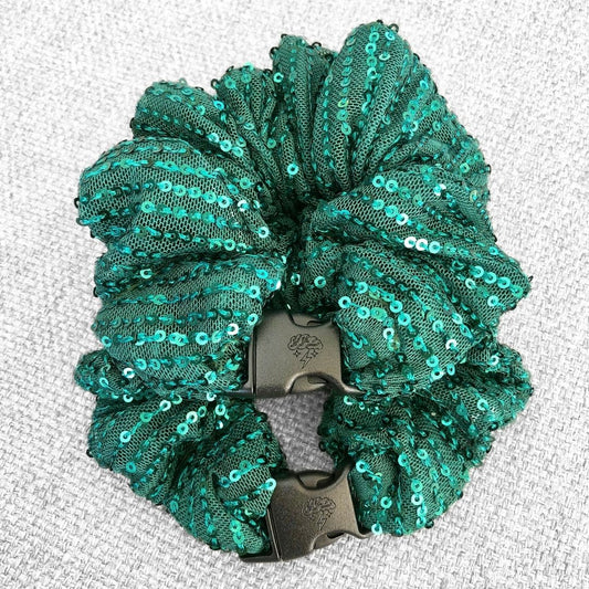 Green tinsel fabric detail on the jumbo Buckle Scrunchie