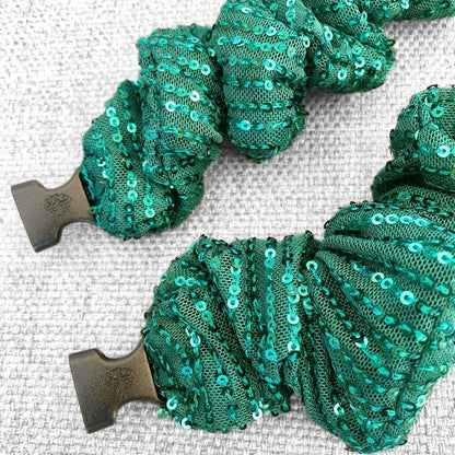 Evergreen Tinsel jumbo Buckle Scrunchie with its quick-release buckle
