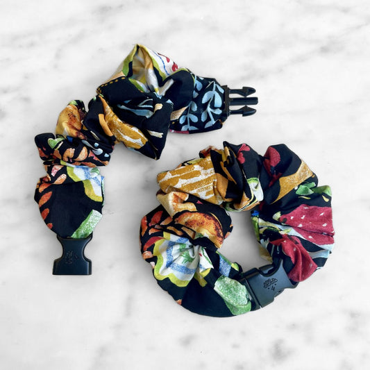 Farmers Market Buckle Scrunchie in a produce print recycled cotton