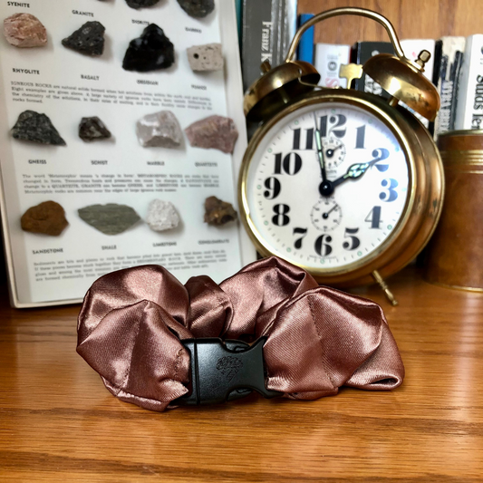 Buckle Scrunchie in Fawn Brown satin, light neutral standard size