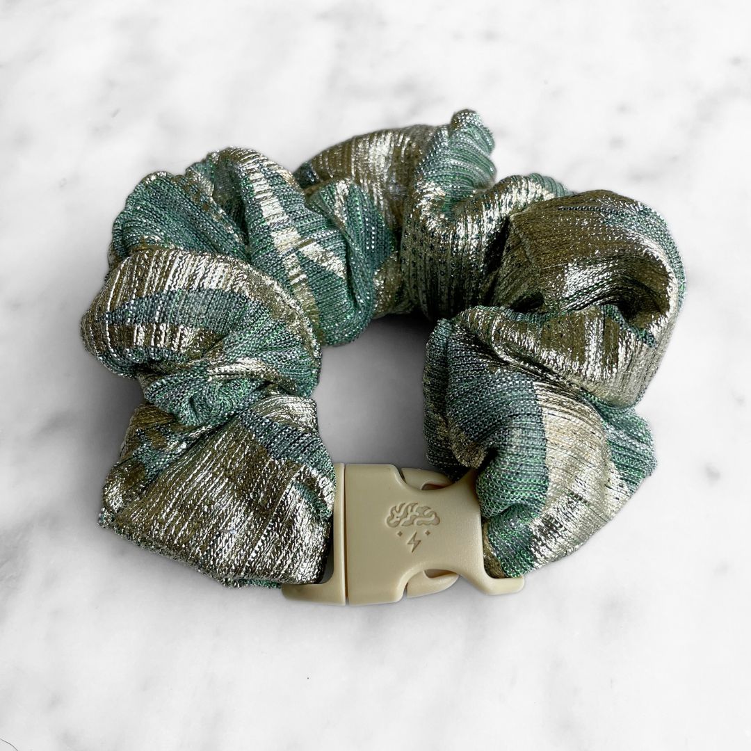 Pleated sage and gold Buckle Scrunchie shown from above