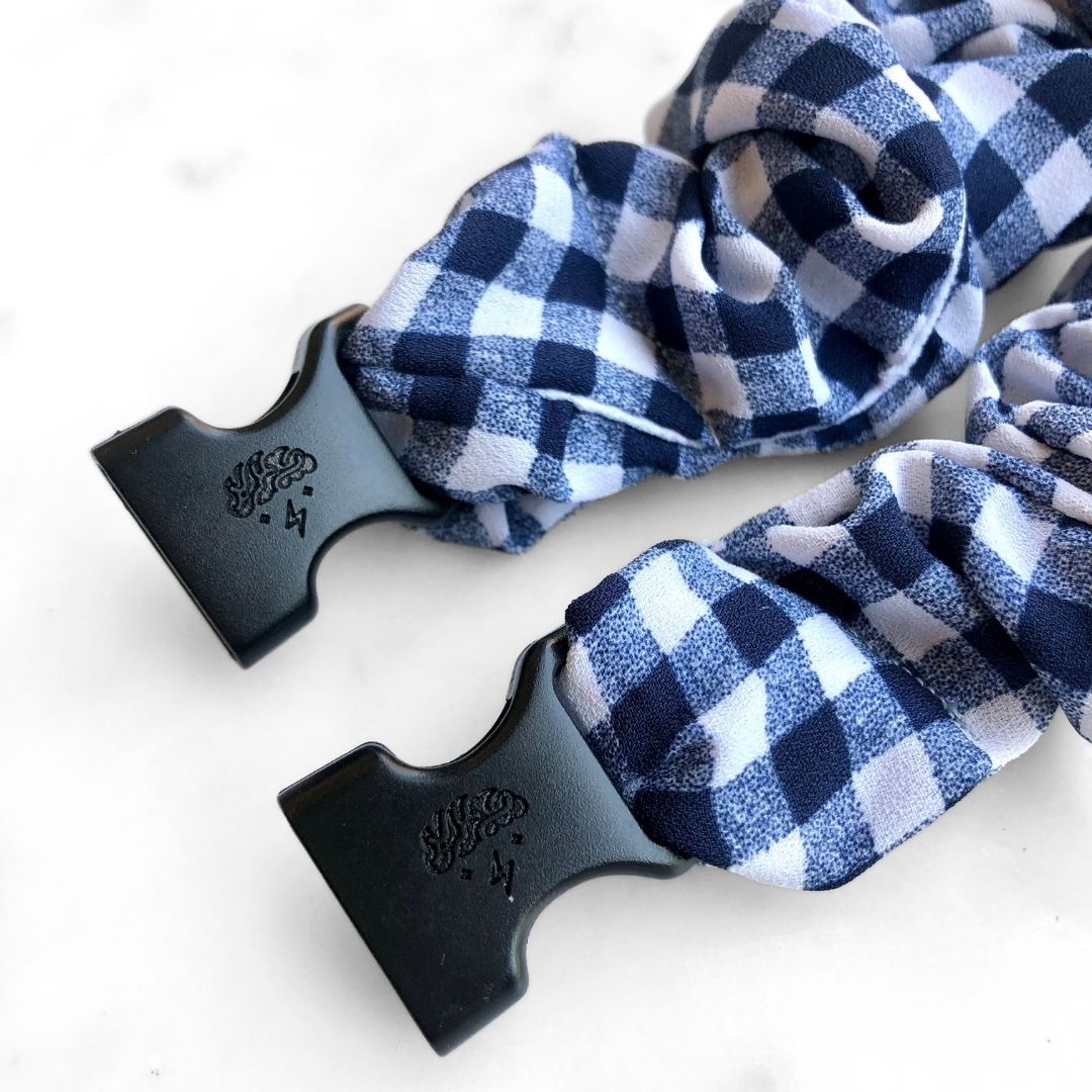 Gingham Navy Buckle Scrunchie, snag-free spring colorway