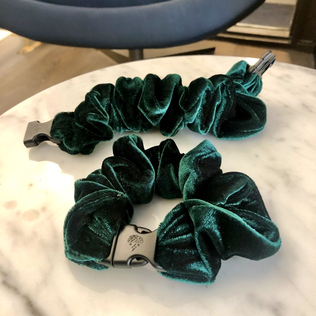 Go Birds Buckle Scrunchie in Pine Green recycled velvet, standard size