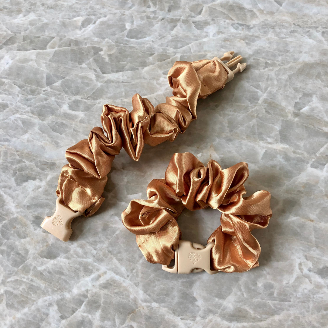 Buckle Scrunchie in Gold Honey satin, golden neutral standard size