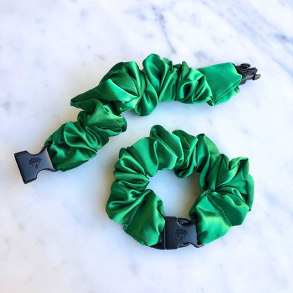 Buckle Scrunchie in Green Apple satin, standard size vibrant colorway