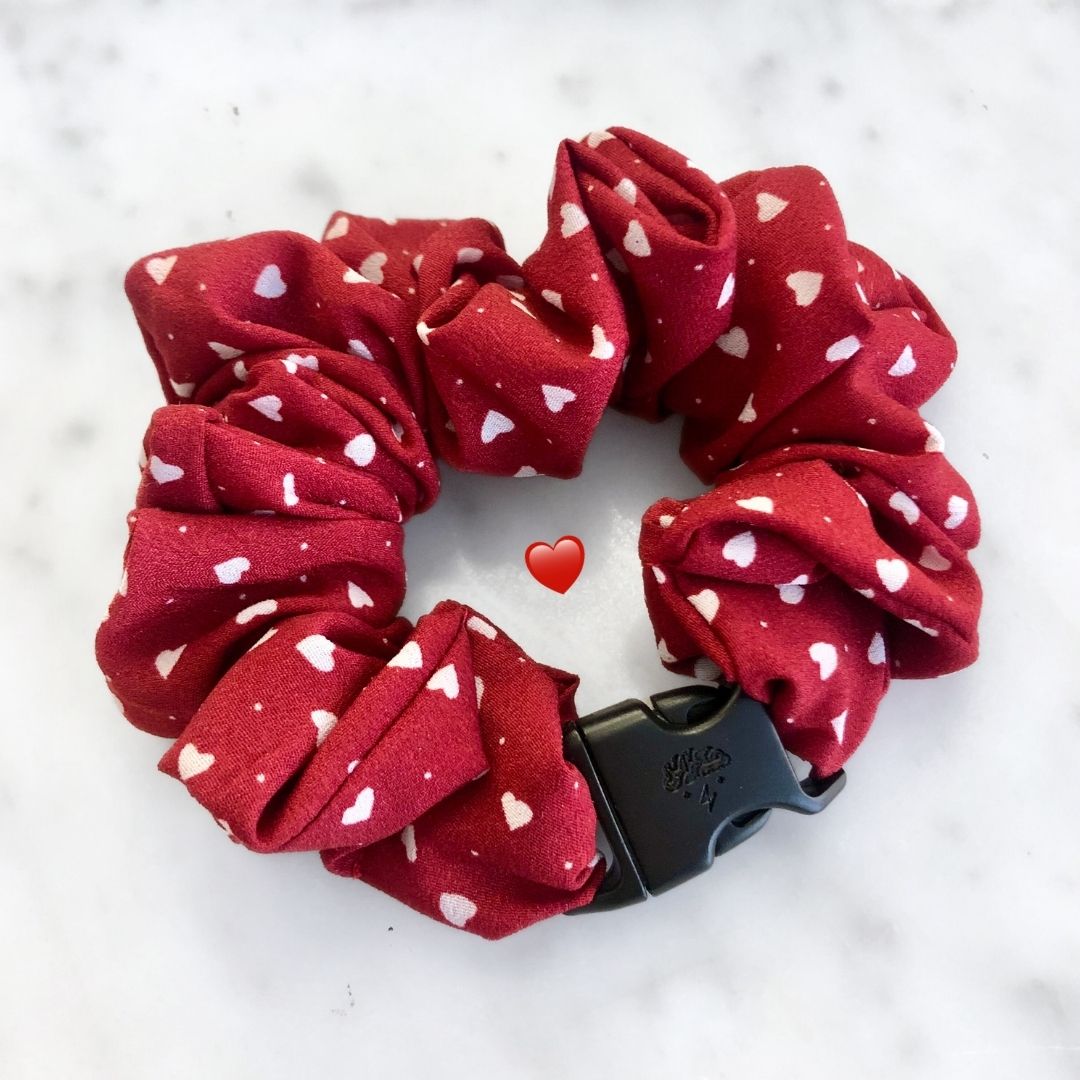 Hearts Red Buckle Scrunchie in heart print recycled cotton, standard size