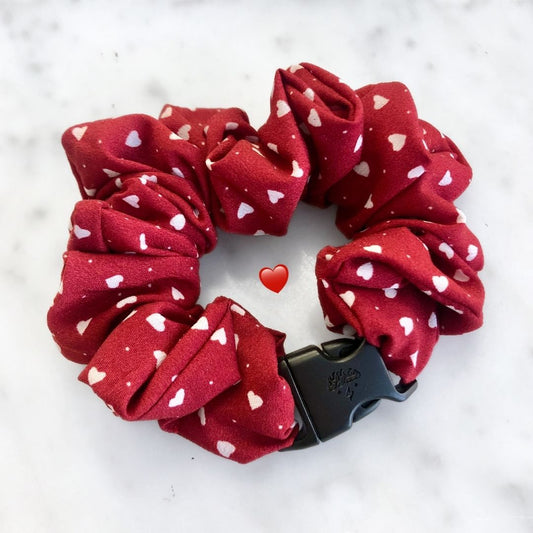 Hearts Red Buckle Scrunchie in heart print recycled cotton, standard size