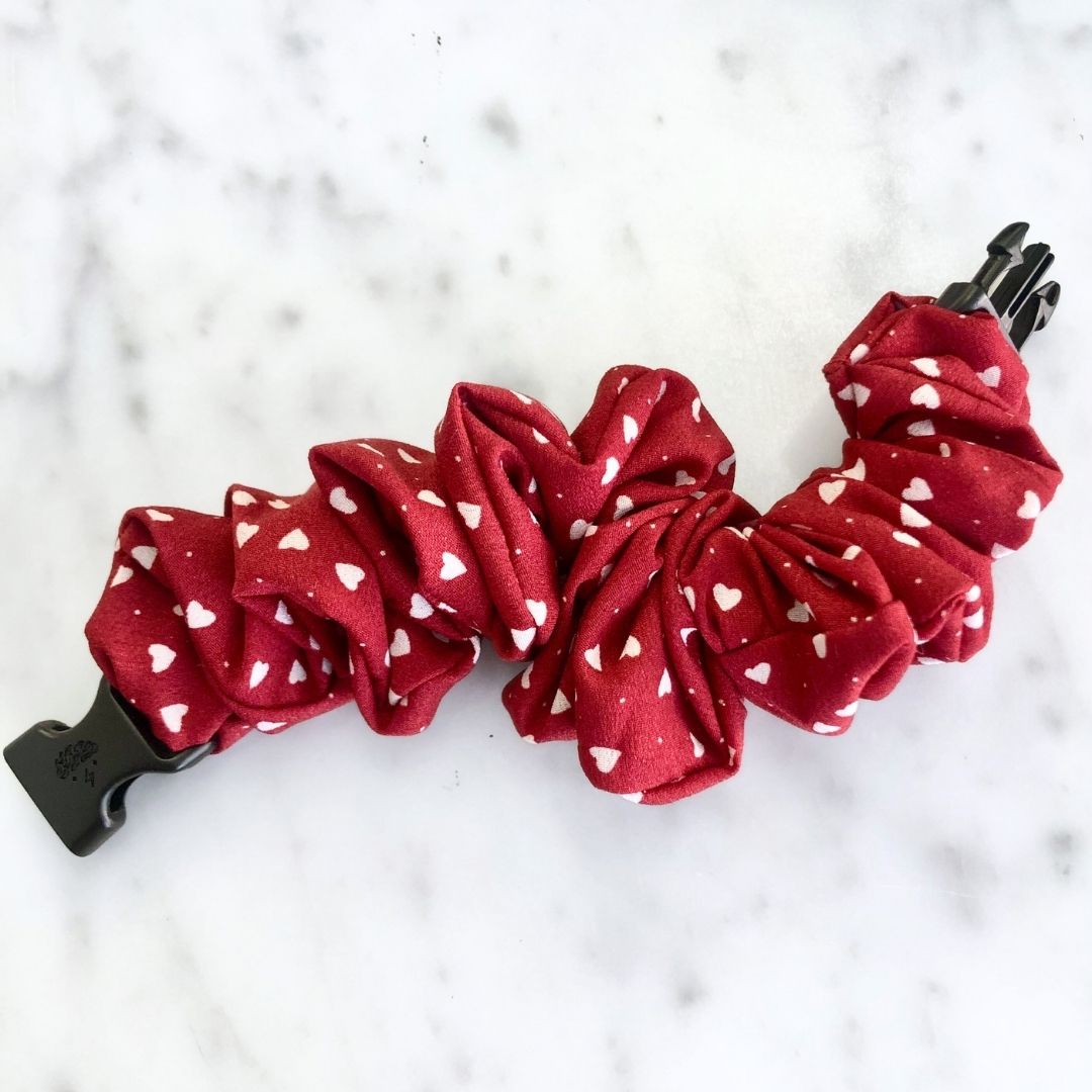 Red and white heart print fabric detail on the Buckle Scrunchie