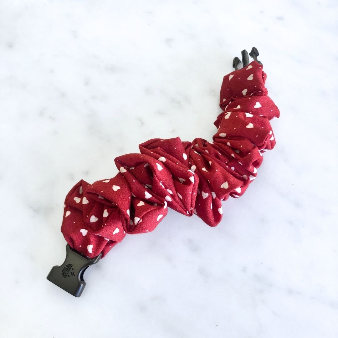 Hearts Red Buckle Scrunchie in recycled cotton, snag-free Valentine's colorway