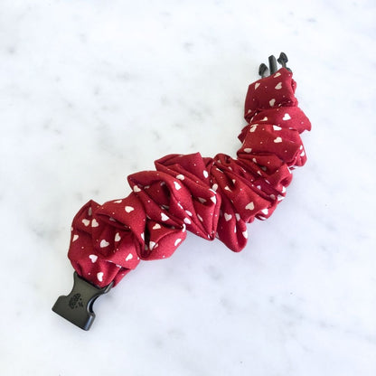 Hearts Red Buckle Scrunchie in recycled cotton, snag-free Valentine's colorway