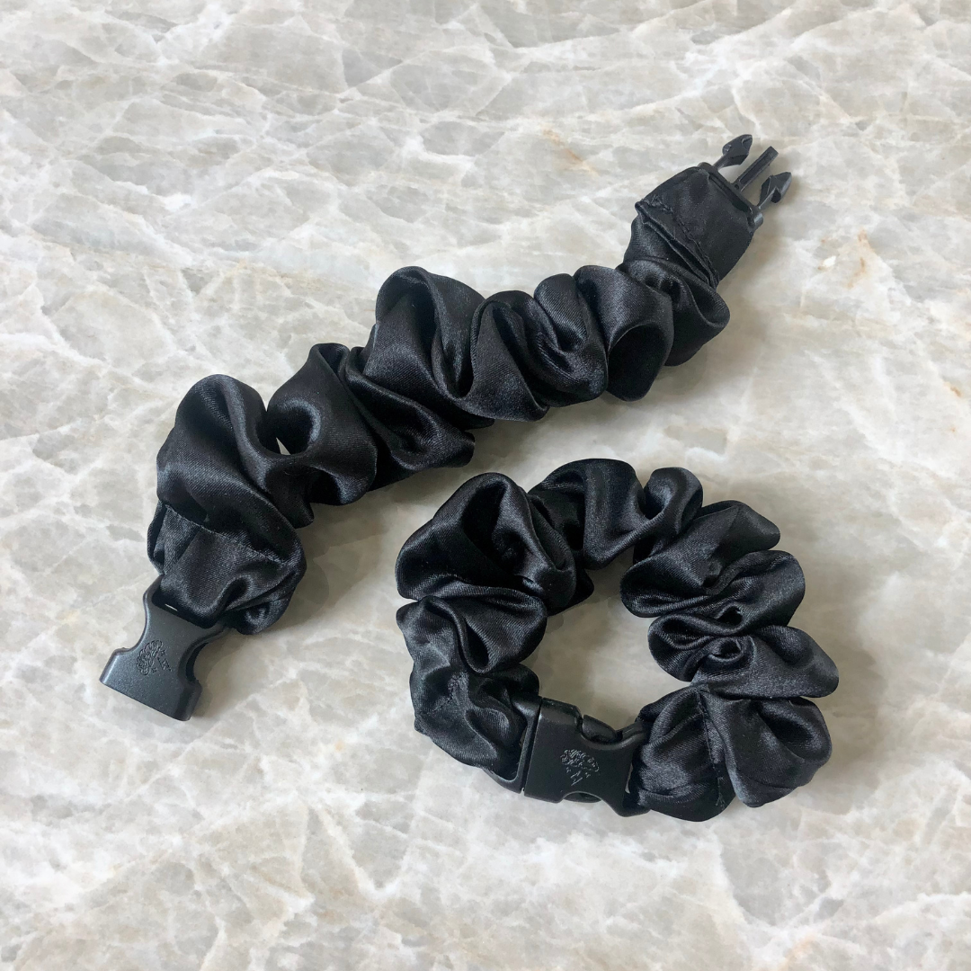 Buckle Scrunchie in Industrial Black satin, standard size with quick-release buckle