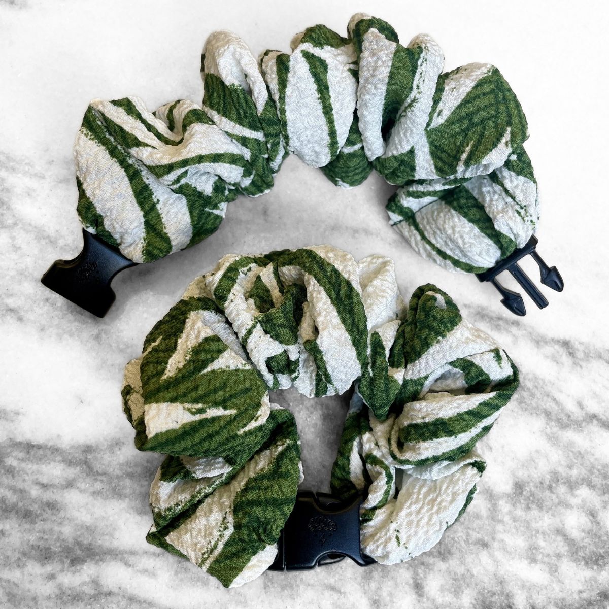 Leafy Green Buckle Scrunchie in a green leaf print