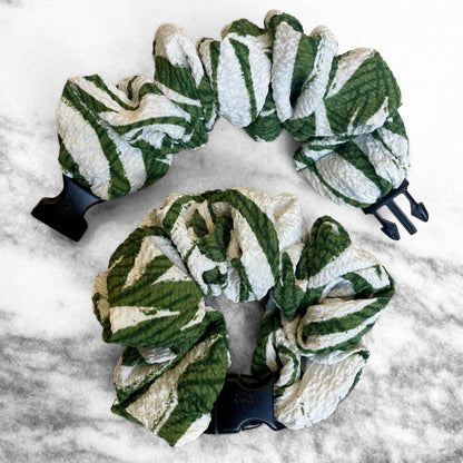 Leafy Green Buckle Scrunchie in a green leaf print