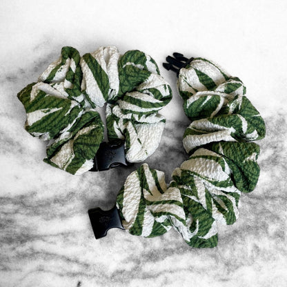 Leafy Green Buckle Scrunchie with its quick-release buckle