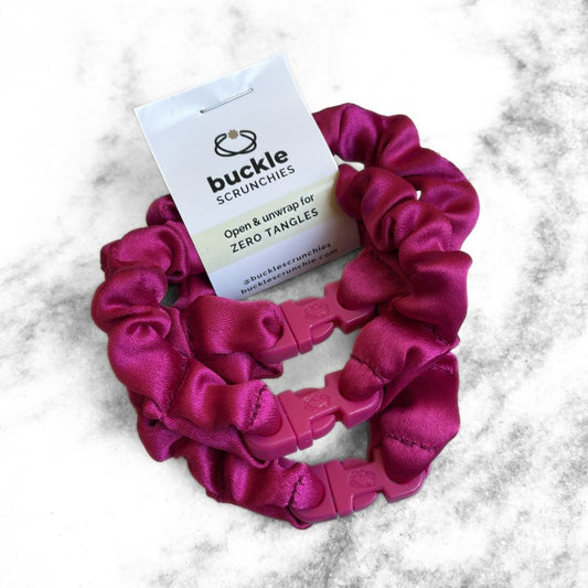MINI Buckle Scrunchie in Hot Pink recycled satin, 0.5 inch mini size