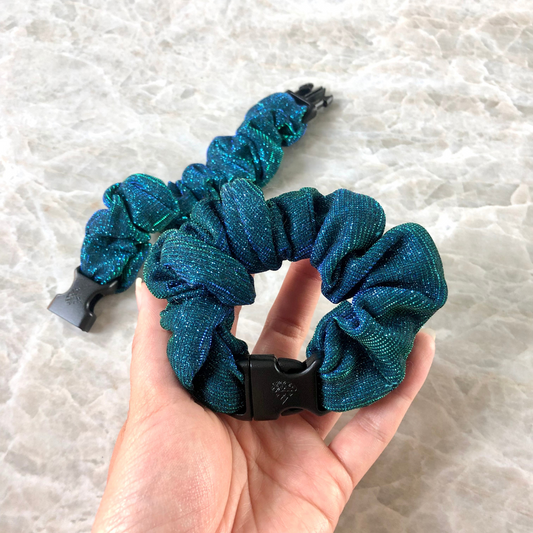 Mystic Mermaid Buckle Scrunchie in sparkly teal recycled polyblend, standard size