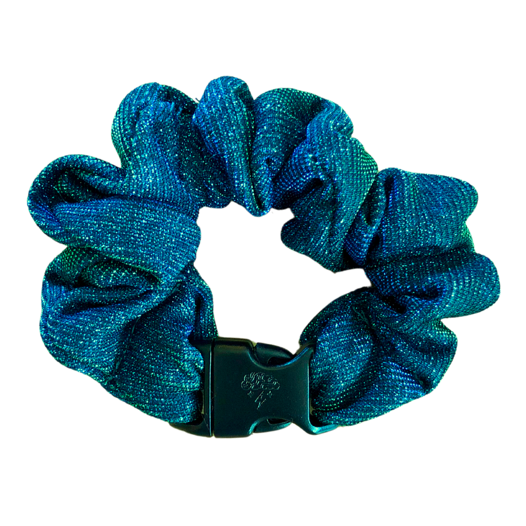 Mystic Mermaid Buckle Scrunchie in glittery teal recycled polyblend fabric