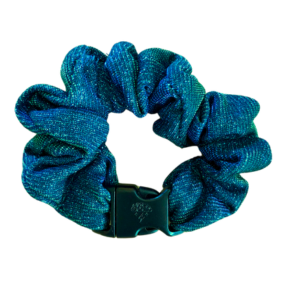 Mystic Mermaid Buckle Scrunchie in glittery teal recycled polyblend fabric