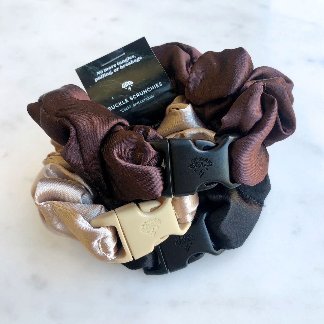 Neutral recycled satin Buckle Scrunchies bundled as a three pack