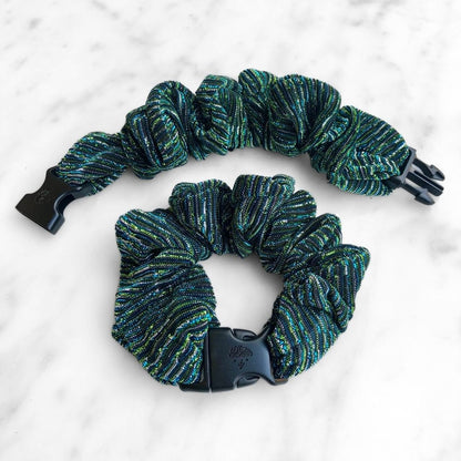Peacock Stripes Buckle Scrunchie in teal and green striped print