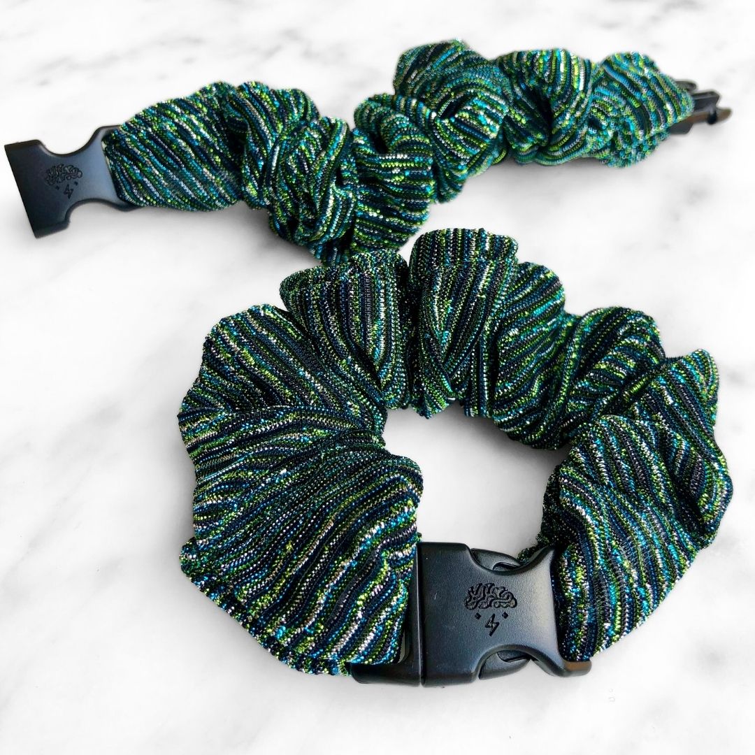 Striped peacock print Buckle Scrunchie shown at standard size