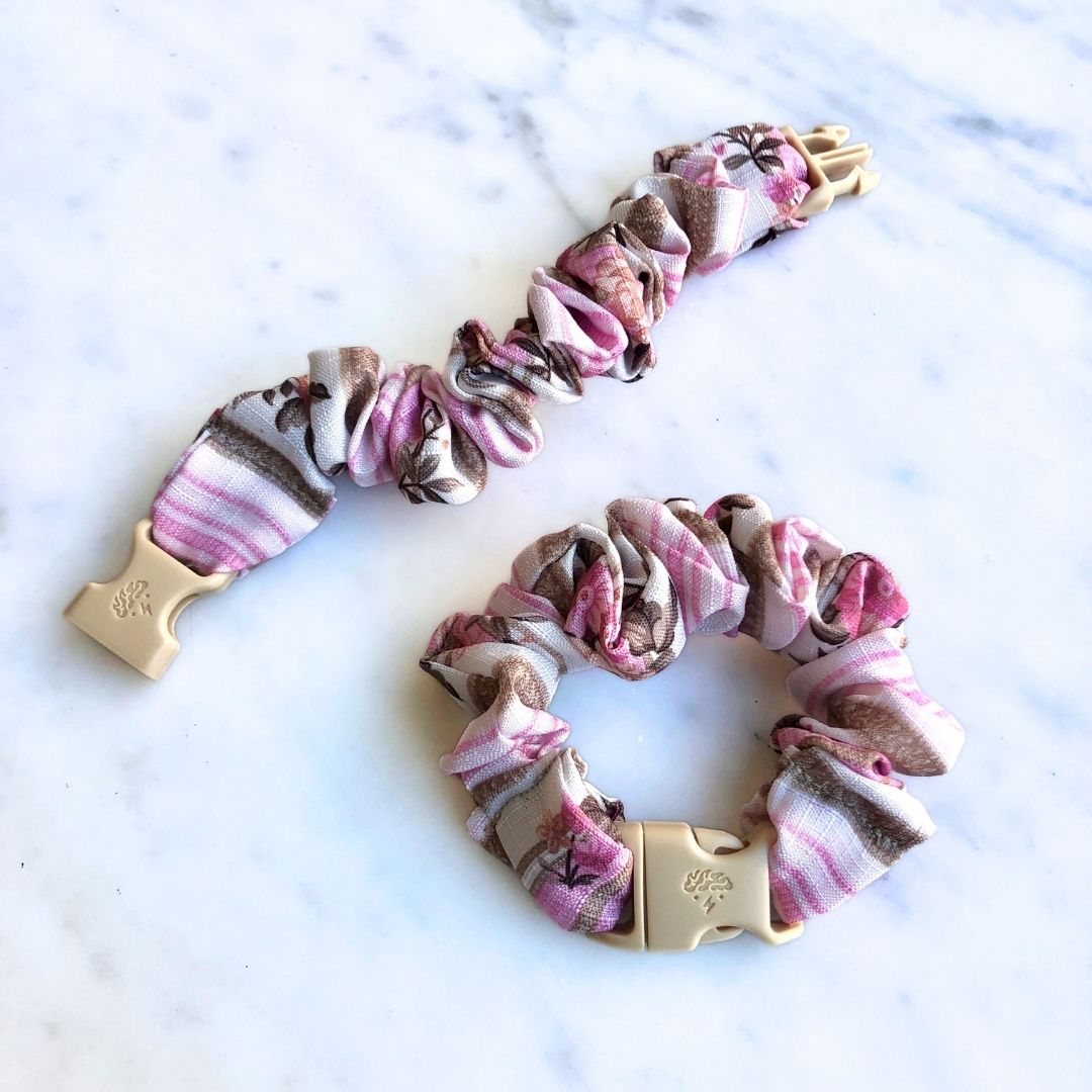 Pink Rose Stripes Buckle Scrunchie in a pink and white striped rose print