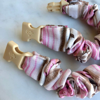 Pink Rose Stripes Buckle Scrunchie, snag-free spring colorway