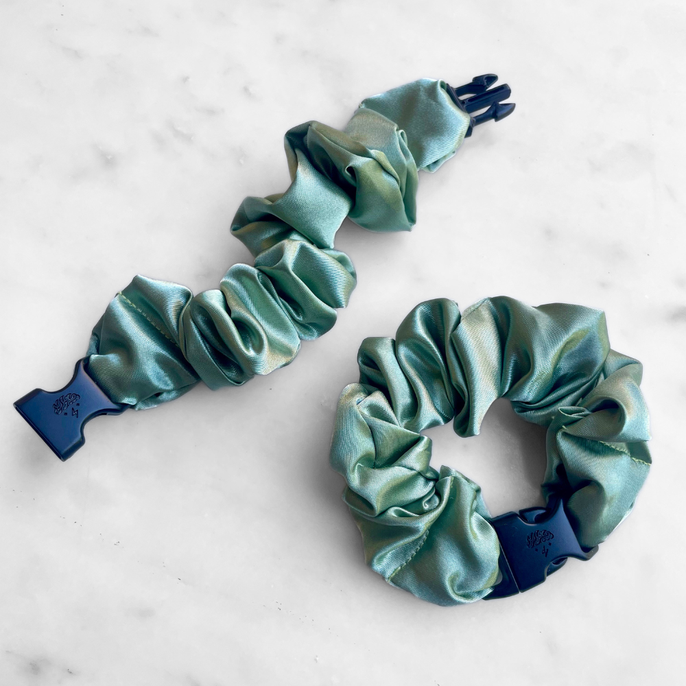 Buckle Scrunchie in Sage Green satin, standard size vibrant colorway