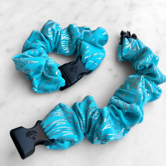 Southwest Turquoise Buckle Scrunchie in a turquoise geometric print