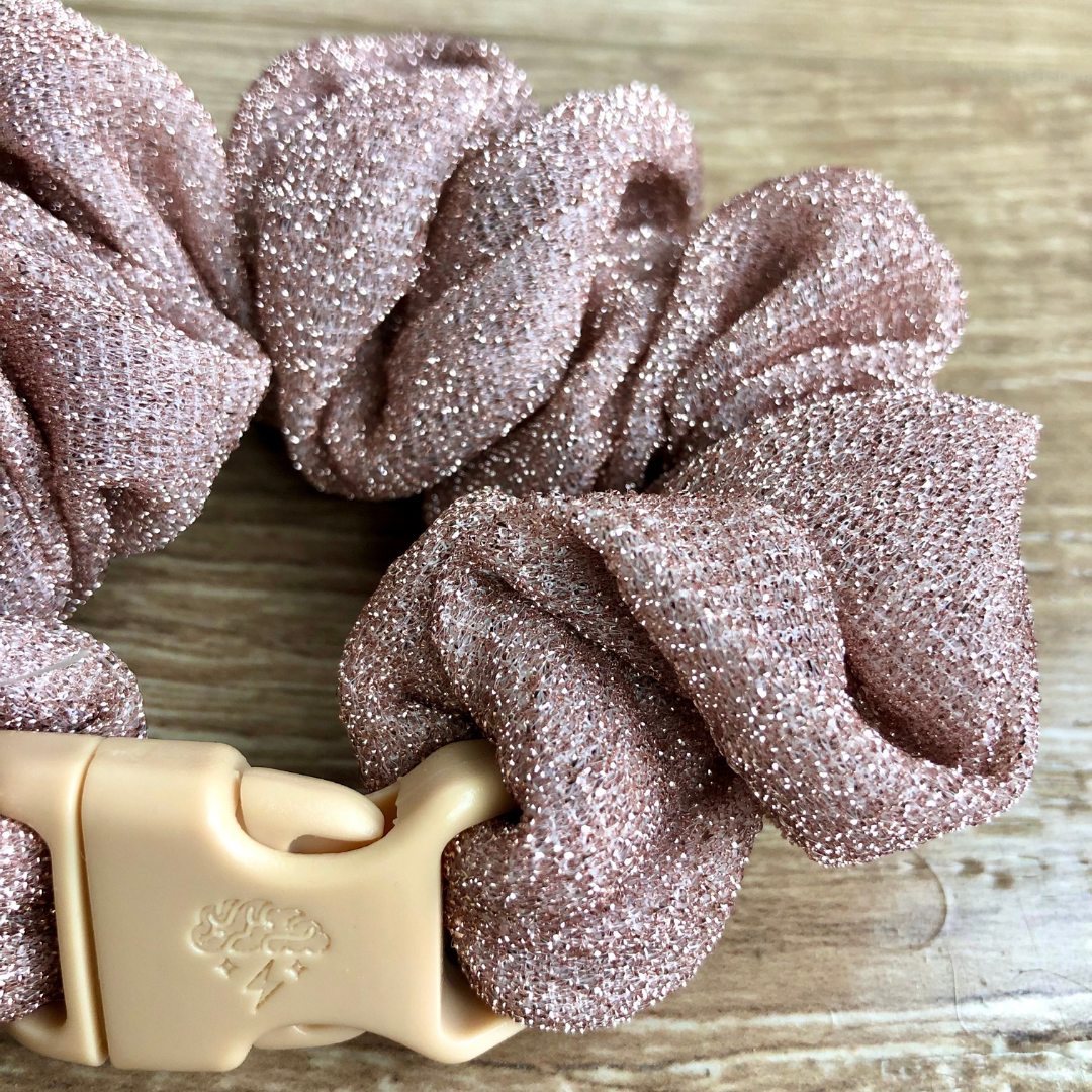 The Maria Buckle Scrunchie in Glitter Pink Blush recycled polyblend, standard size