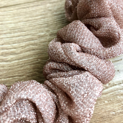 The Maria Buckle Scrunchie in glitter pink blush, snag-free recycled polyblend