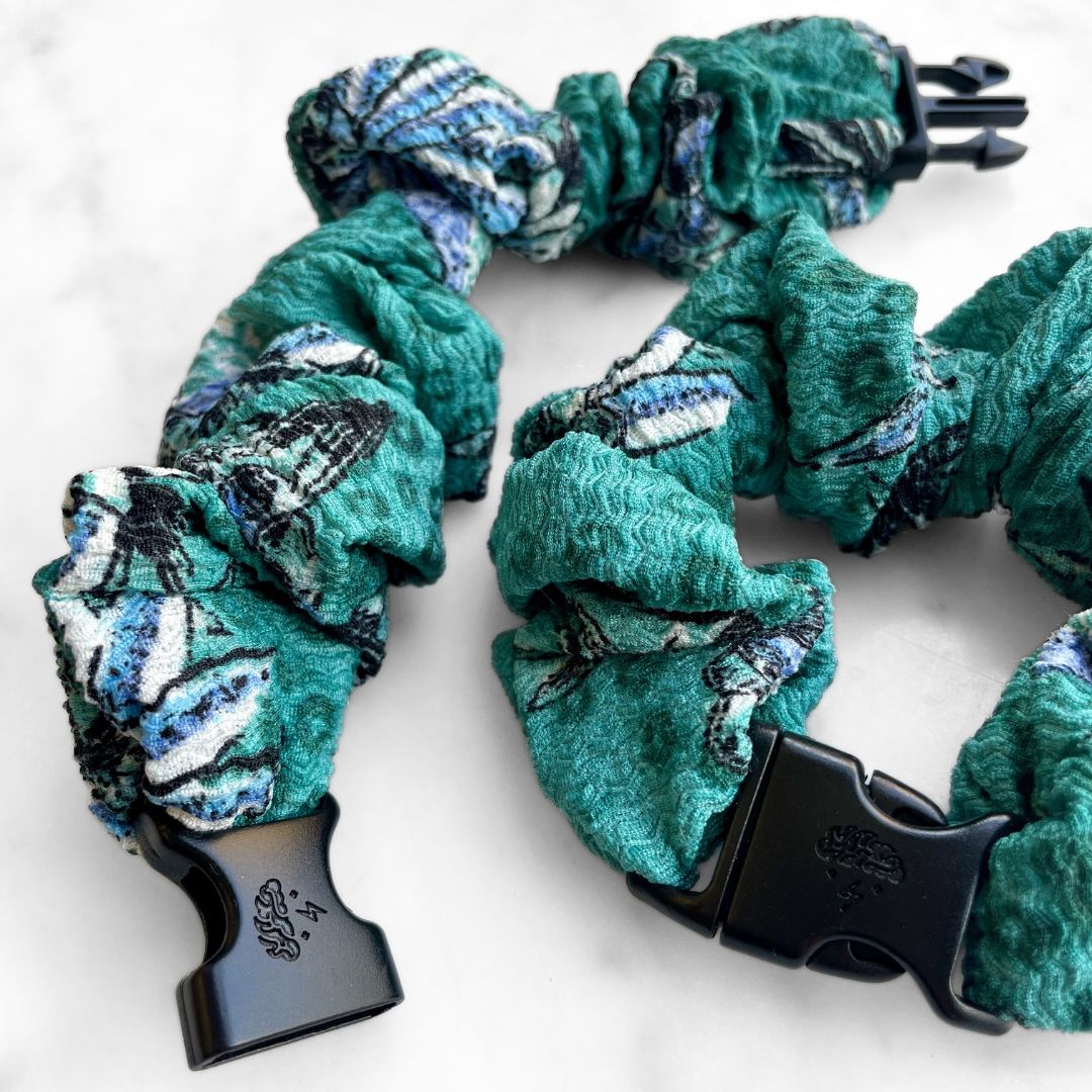 Tropic Teal Floral Buckle Scrunchie with its quick-release buckle