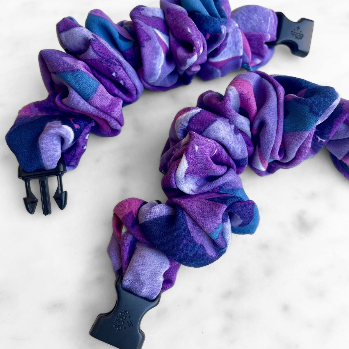Twilight Garden Buckle Scrunchie in purple and multicolor florals