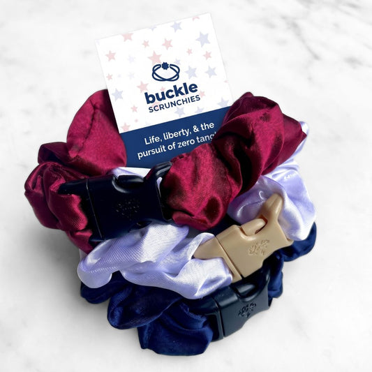 USA Patriotic three pack of Buckle Scrunchies in red, white, and blue satin