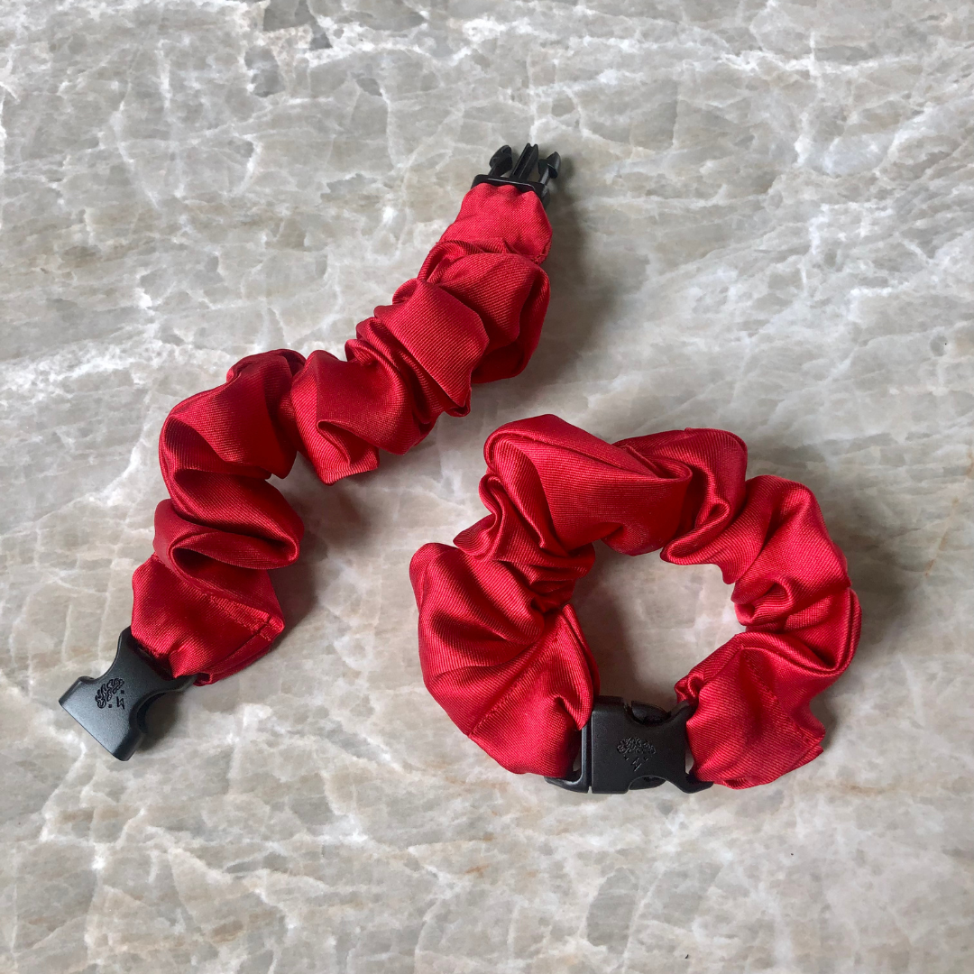 Buckle Scrunchie vibrant solid colors range shown together in satin
