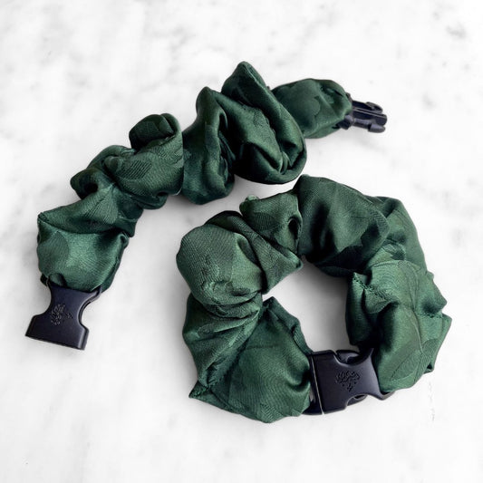 Vine Green Floral Buckle Scrunchie in recycled jacquard satin