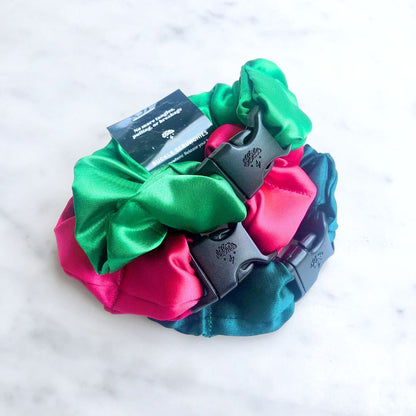 Vibrant recycled satin Buckle Scrunchies bundled as the Watermelon Mix