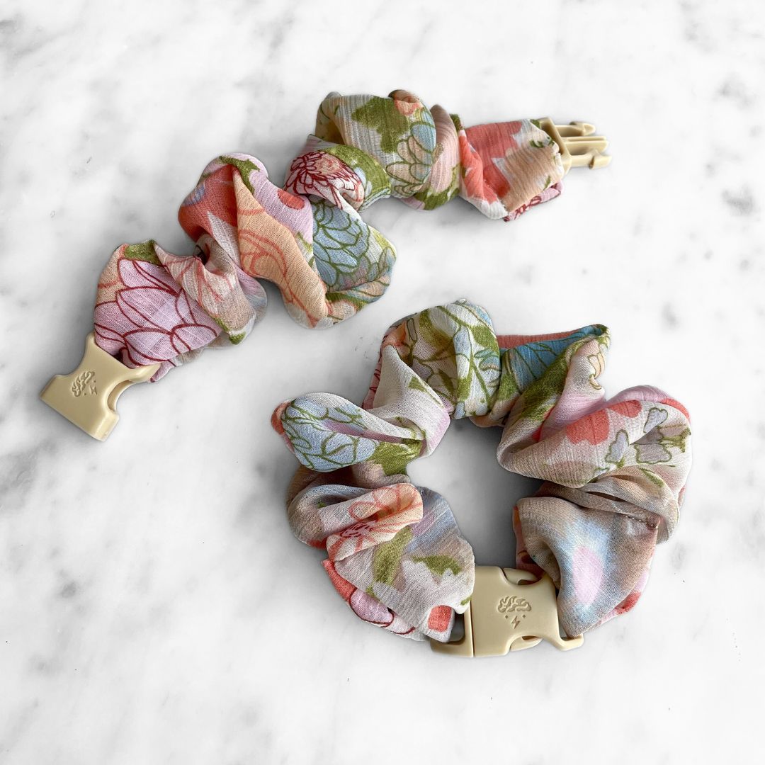 Wildflower Field Buckle Scrunchie in floral recycled chiffon
