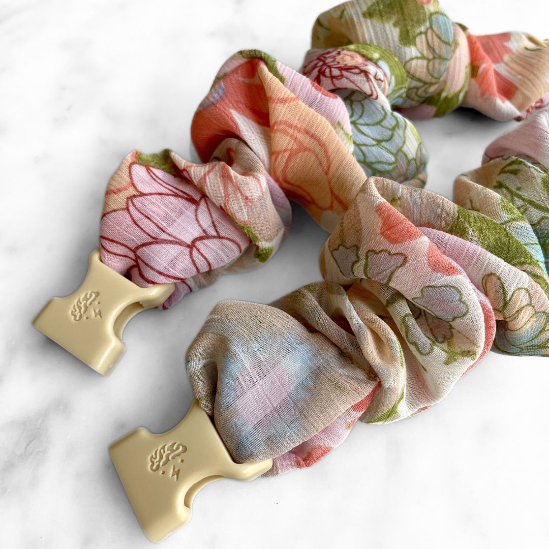 Wildflower Field Buckle Scrunchie, snag-free spring floral colorway