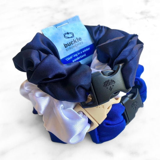Winter Wonderland three pack of Hanukkah Buckle Scrunchies in satin, standard size