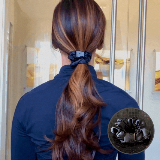 Best hair tie elastics and scrunchie hair accessories for snag-free, pull-free, rip-free, hair. Smooth, effortless hair ties and hair scrunchies for athletes, active moms, fitness, & sports. Buckle Scrunchie - Neutral Colors - No Snagging, No Tangles