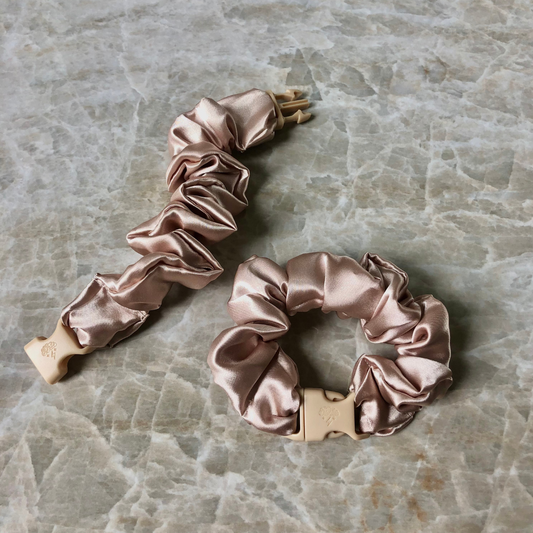 Best hair tie elastics and scrunchie hair accessories for snag-free, pull-free, rip-free, hair. Smooth, effortless hair ties and hair scrunchies for athletes, active moms, fitness, & sports. Buckle Scrunchie - Neutral Colors - No Snagging, No Tangles Champagne Blonde Recycled Satin Standard (1.25 to 1.5 inch thickness)