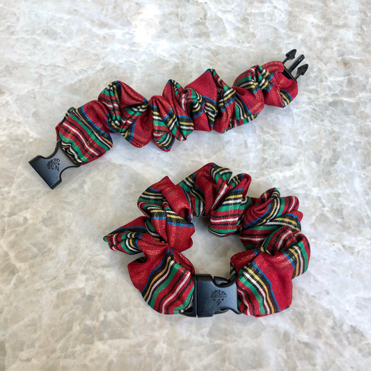 Best hair tie elastics and scrunchie hair accessories for snag-free, pull-free, rip-free, hair. Smooth, effortless hair ties and hair scrunchies for athletes, active moms, fitness, & sports. Christmas Holiday Red Plaid Buckle Scrunchie - No Snagging, No Tangles Holiday Red Plaid Recycled Polyblend Standard (1.25 to 1.5 inch thickness)