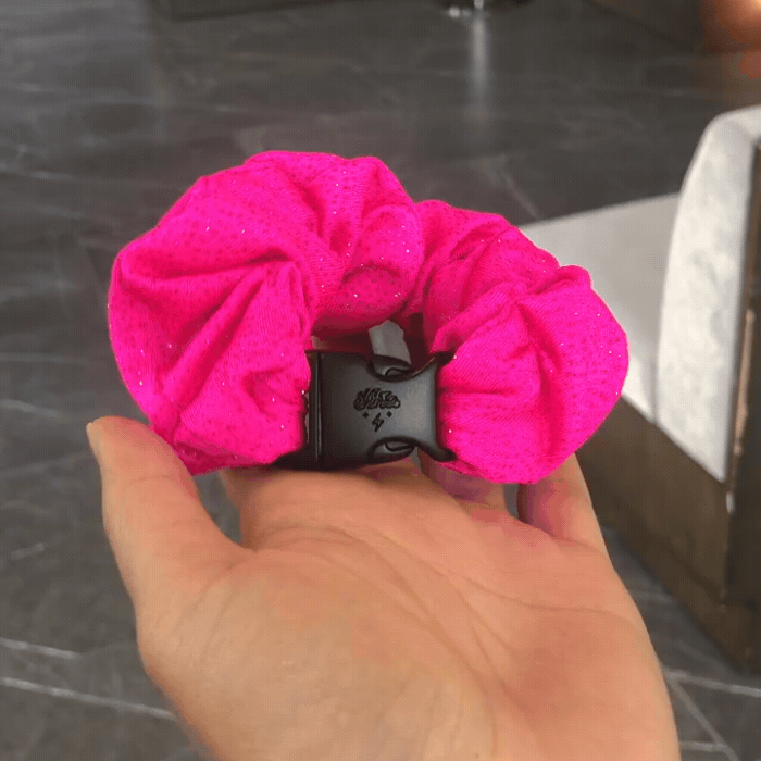 Best hair tie elastics and scrunchie hair accessories for snag-free, pull-free, rip-free, hair. Smooth, effortless hair ties and hair scrunchies for athletes, active moms, fitness, & sports. Hot Pink Sparkles Buckle Scrunchie - No Snagging, No Tangles