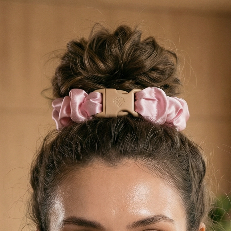 A woman with her hair in a messy bun wearing a pink scrunchie with a gold buckle, paired with a sage green ribbed tank top, set against a warm, softly lit indoor background.