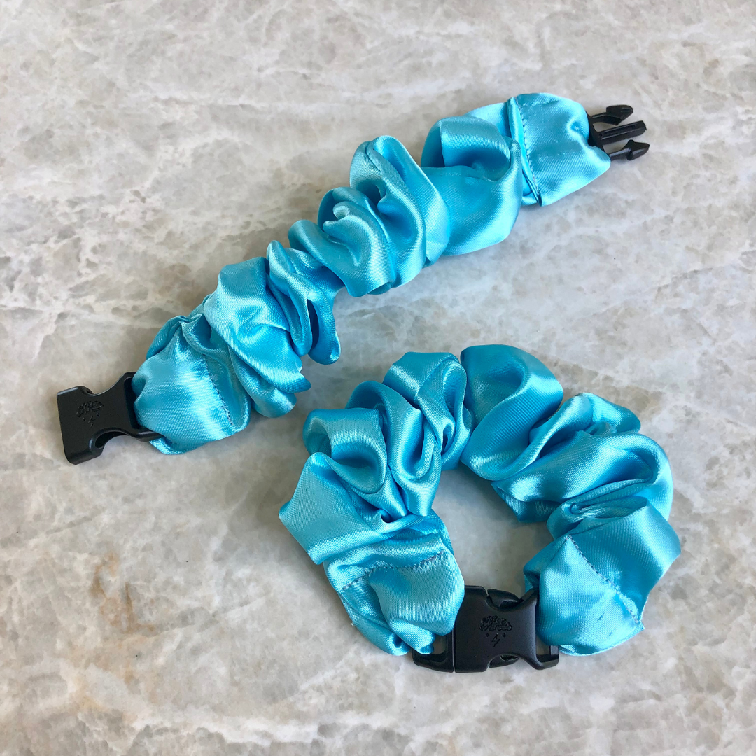 Best hair tie elastics and scrunchie hair accessories for snag-free, pull-free, rip-free, hair. Smooth, effortless hair ties and hair scrunchies for athletes, active moms, fitness, & sports. Buckle Scrunchie - Vibrant Solid Colors - No Snagging, No Tangles Sky Blue Recycled Satin Standard (1.25 to 1.5 inch thickness)