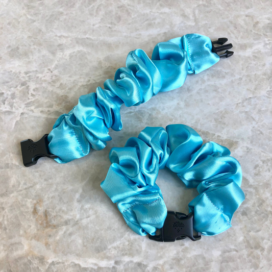 Best hair tie elastics and scrunchie hair accessories for snag-free, pull-free, rip-free, hair. Smooth, effortless hair ties and hair scrunchies for athletes, active moms, fitness, & sports. Buckle Scrunchie - Vibrant Solid Colors - No Snagging, No Tangles Sky Blue Recycled Satin Standard (1.25 to 1.5 inch thickness)